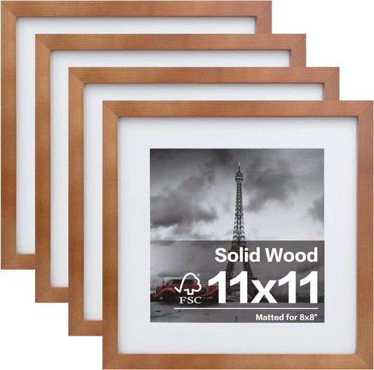 11X11 Picture Frames 4 Pack Covered by Plexiglass, Display Pictures 8X8 with Mat or 11X11 without Mat Made of Solid Wood for Table Top Display and Wall Mounting Photo Frame, Light Brown